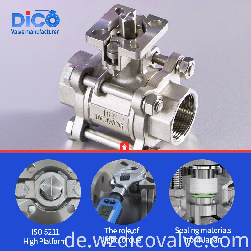 DICO Full Port Industrial Equip Fadenend Edelstahl mit ISO5211 PAD 3PC -Kugelventil